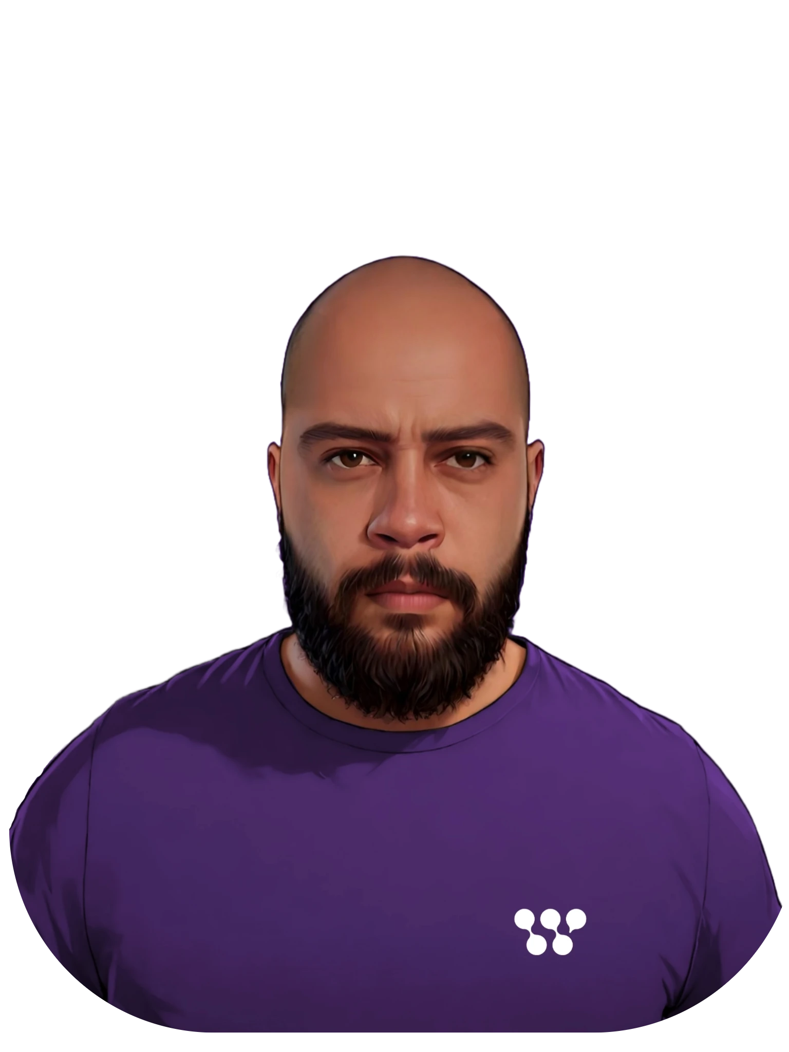 Ilustração digital de um homem com barba cheia e careca, vestindo uma camiseta roxa com um pequeno logotipo branco no peito.