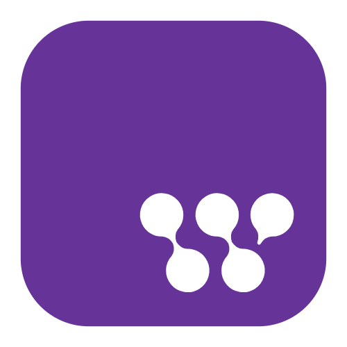 Logotipo em fundo roxo com bordas arredondadas. No canto inferior direito, há um ícone branco composto por quatro círculos interligados, lembrando balões de fala ou conexões, formando a letra W.