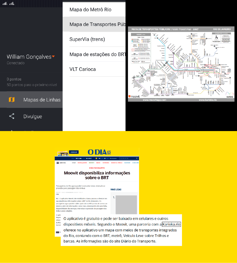 Captura de tela mostrando uma aplicação de mapas de transporte público do Rio de Janeiro, com destaque para opções como Metrô Rio, SuperVia e BRT. Há também uma reprodução de uma notícia do jornal "O Dia" sobre o Moovit disponibilizando informações de transporte em parceria com o site Karioka.rio.